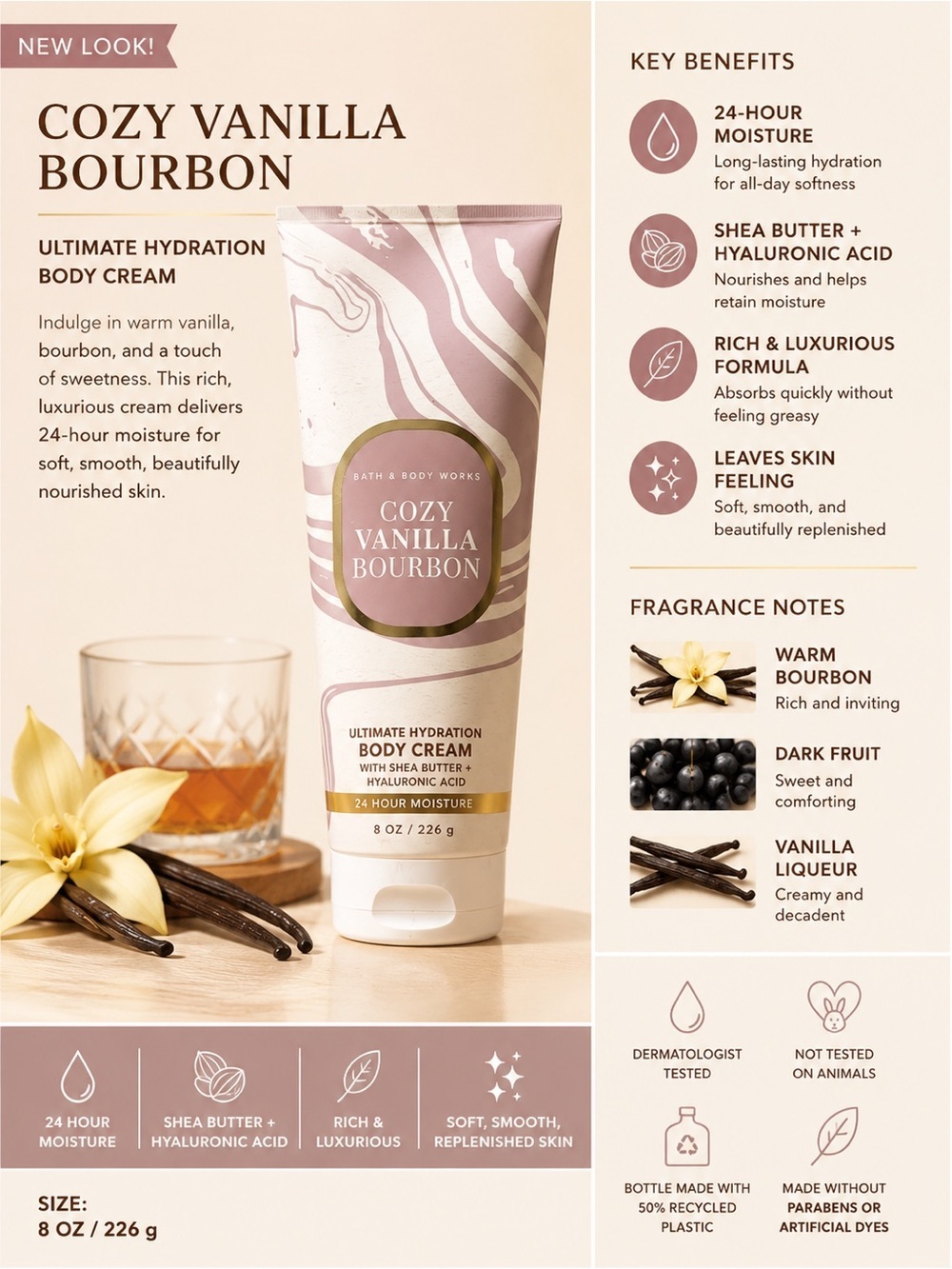 Bath & Body Works Cozy Vanilla Bourbon Body Cream - Soft Pink & Cream
